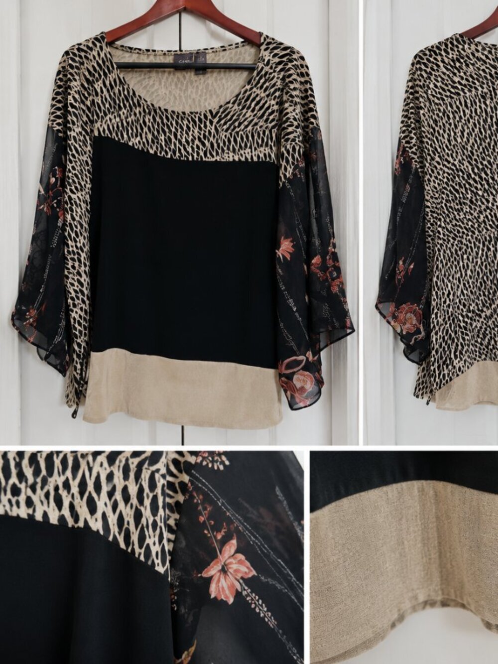 Chico’s Travelers Women’s Poncho Top Size 3 Black Animal Print Floral Sheer.